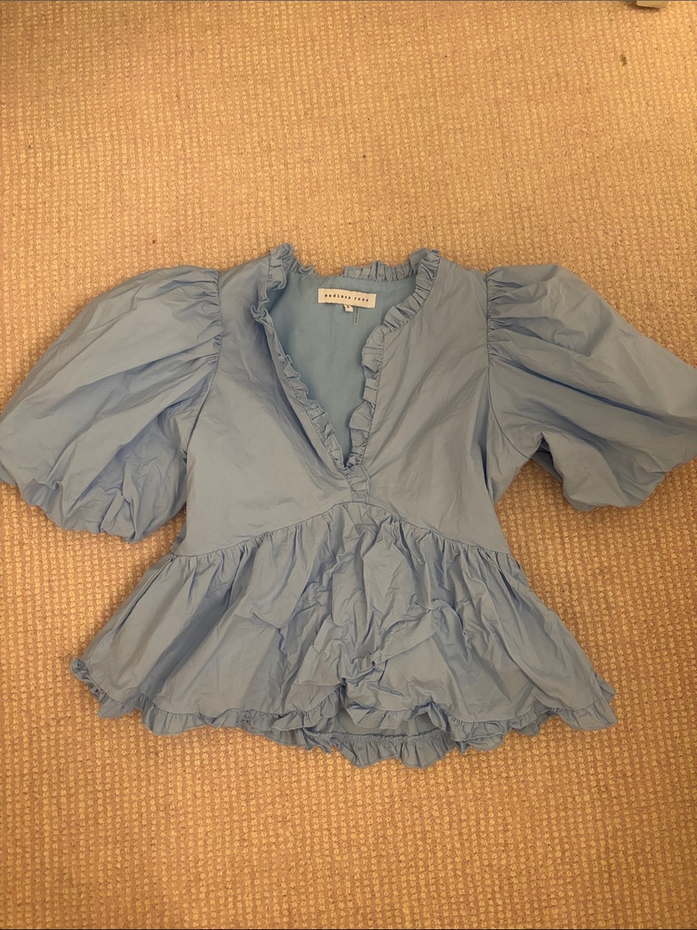 Endless Rose Light Blue Ruffle V-Neck Peplum Puff Sleeve Blouse
